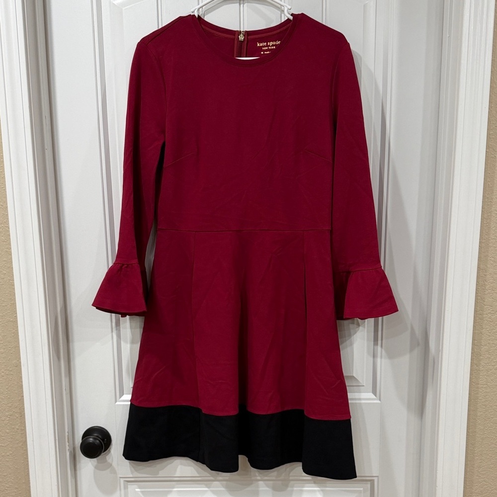 Kate Spade Burgundy and Black Ponte Knit Long Sleeve Dress with Bell Sleeves - Picture 2 of 6